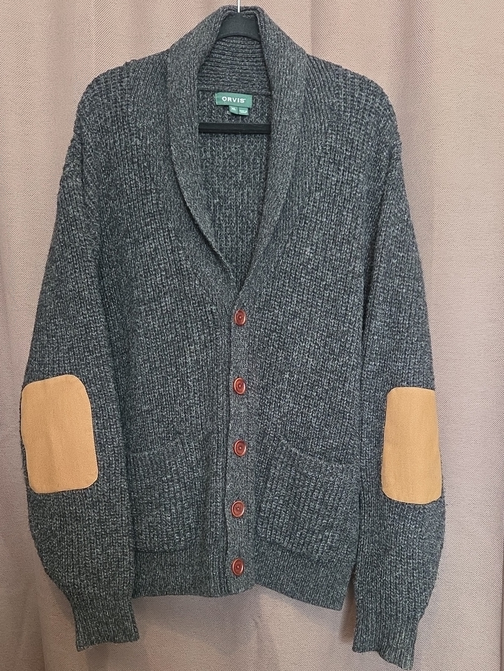 Orvis Vintage DarkGray Shawl-Collar Cardigan with Tan Elbow Patches Size Xl